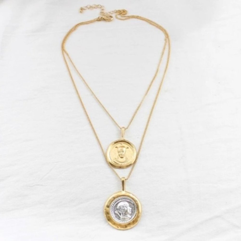 Coin Pendant Vintage Double Chain Layered Necklace - Picture 10 of 12